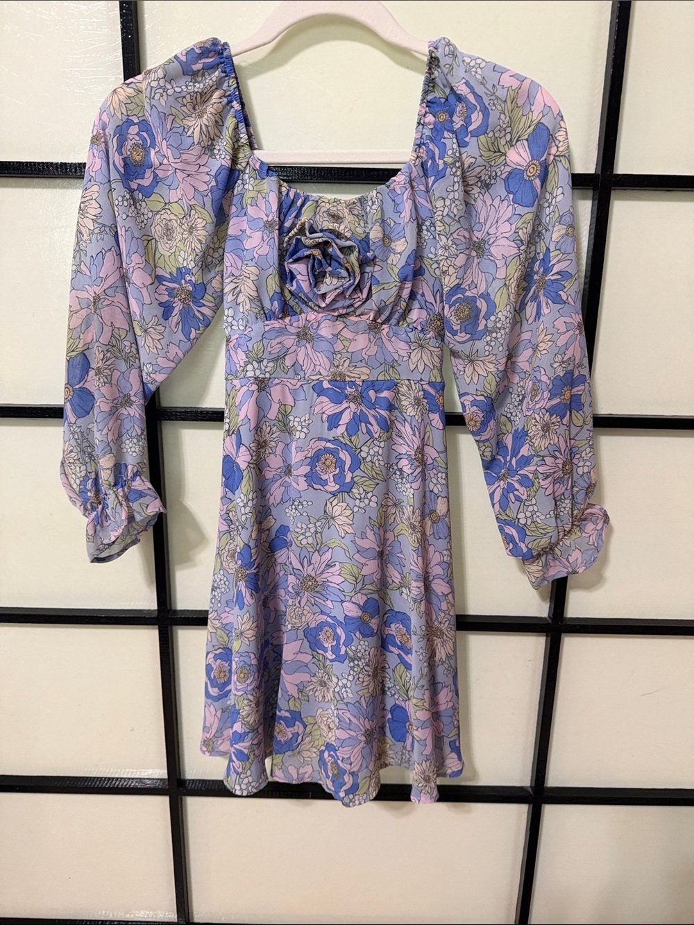 Girls' Floral Puff-Sleeve Dress in Lavender and Blue
